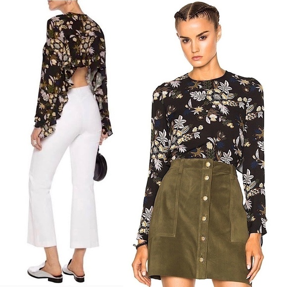 NWT A.L.C. 100% Silk Vintage Floral Ruffled Long Sleeve Cropped Open Back Top 4 - Picture 1 of 13